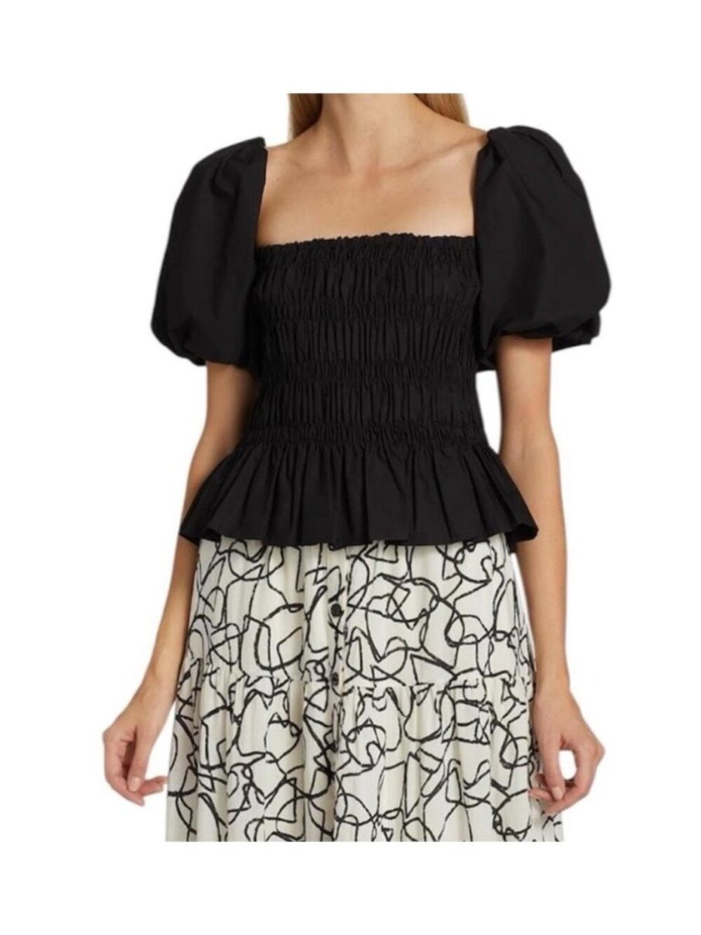 ASTR Puff Sleeves Smocked Top Women Medium Black Whimsigoth Dark Romantic Cotton